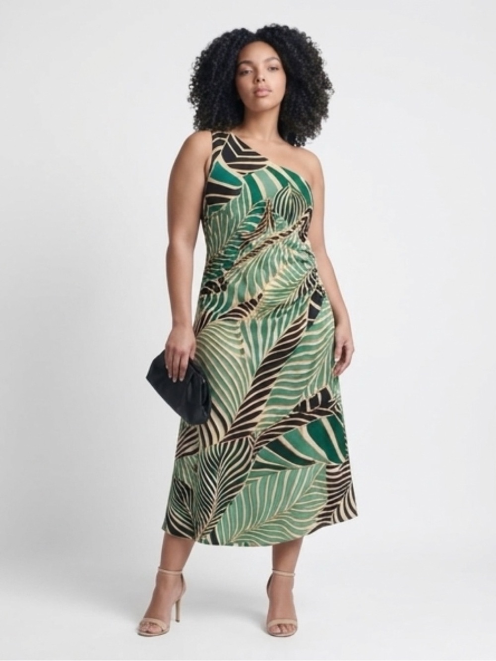 Maggy London Green and Black Leaf-Print One-Shoulder Midi Dress